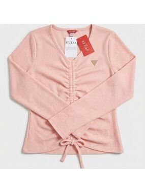 GUESS Blush Pink Ribbed V-Neck Drawstring Top